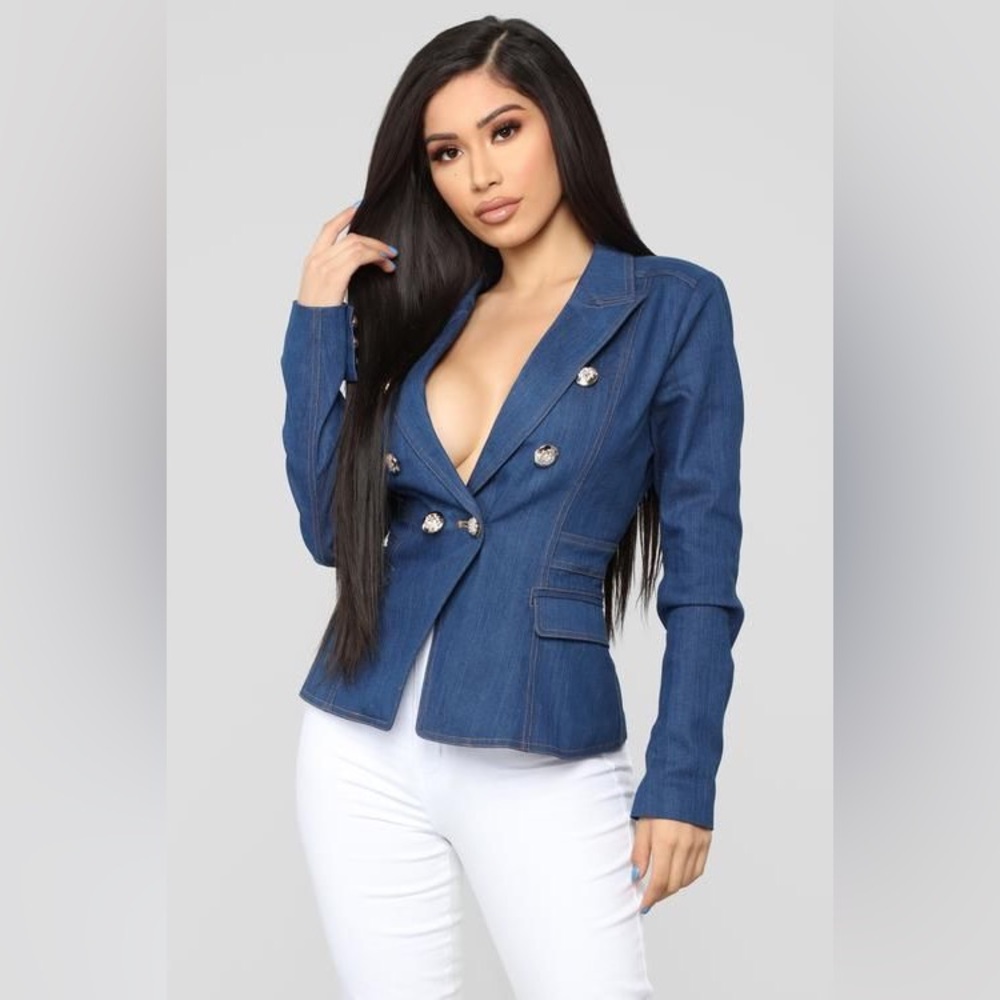 NEW! FASHION NOVA 'Having Fun' Denim Blazer Blue Jeans Jacket